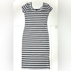 Poof New York Women's‎ Medium M Black White Dress Striped Midi Short Sleeve